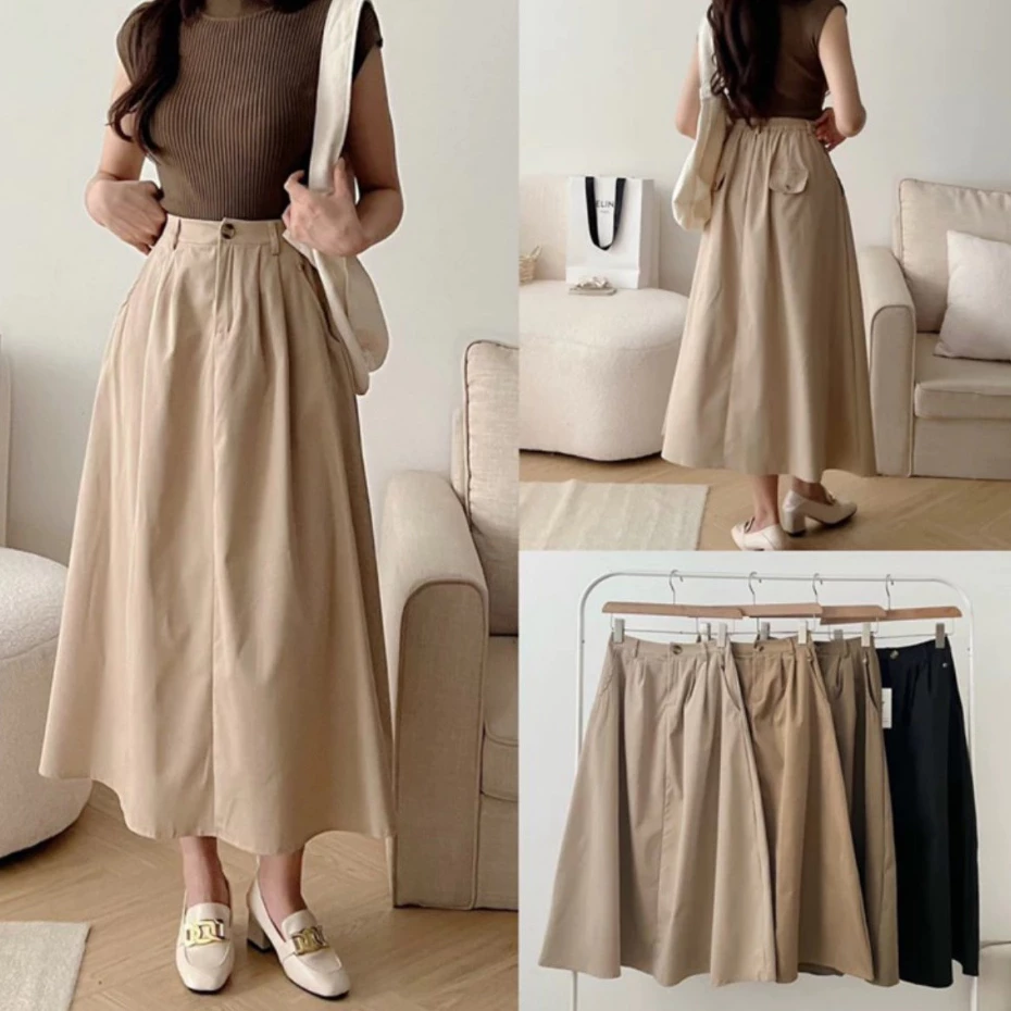 Chân Váy Xếp Ly Có BigSize Dáng Dài Lưng Thun Vải KaKi Thô Đứng Phom Mã CV087