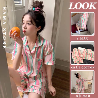 Bộ Đồ Ngủ Pijama Tay Ngắn Kẻ Sọc Cute Thời Trang Mùa Hè Thu Phong Cách Hàn Quốc Cho Nữ-BNN50