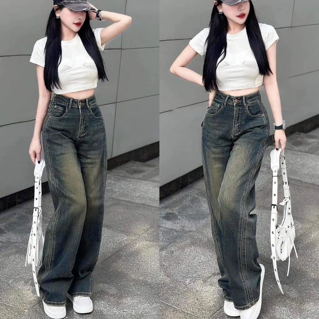 Quần Jean Nữ Suông Ống Rộng Xanh Đậm Mài Thời Trang BigSize 55-90kg Denim 0100 quần bò nữ ống rộng
