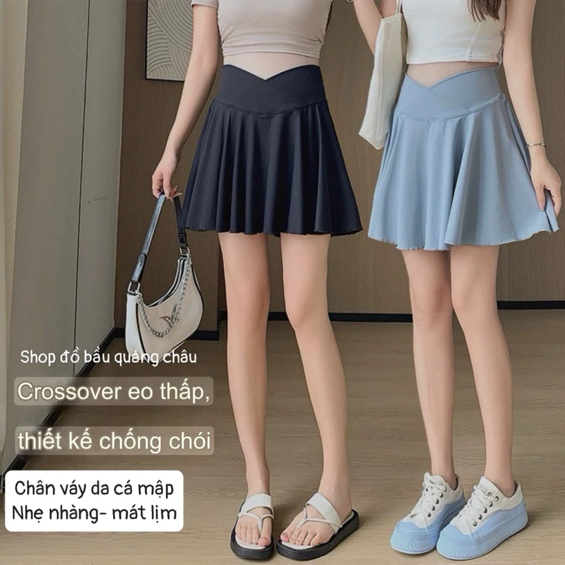 chân váy bầu, chân váy bầu dáng ngắn da cá mập mềm mại mát nhẹ có kèm quần bảo hộ