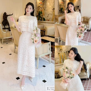 Set bộ đồ nữ ren áo croptop tay phồng đính nơ mix chân váy dáng dài tone màu thanh lịch, xinh xắn diện đi chơi, đi làm