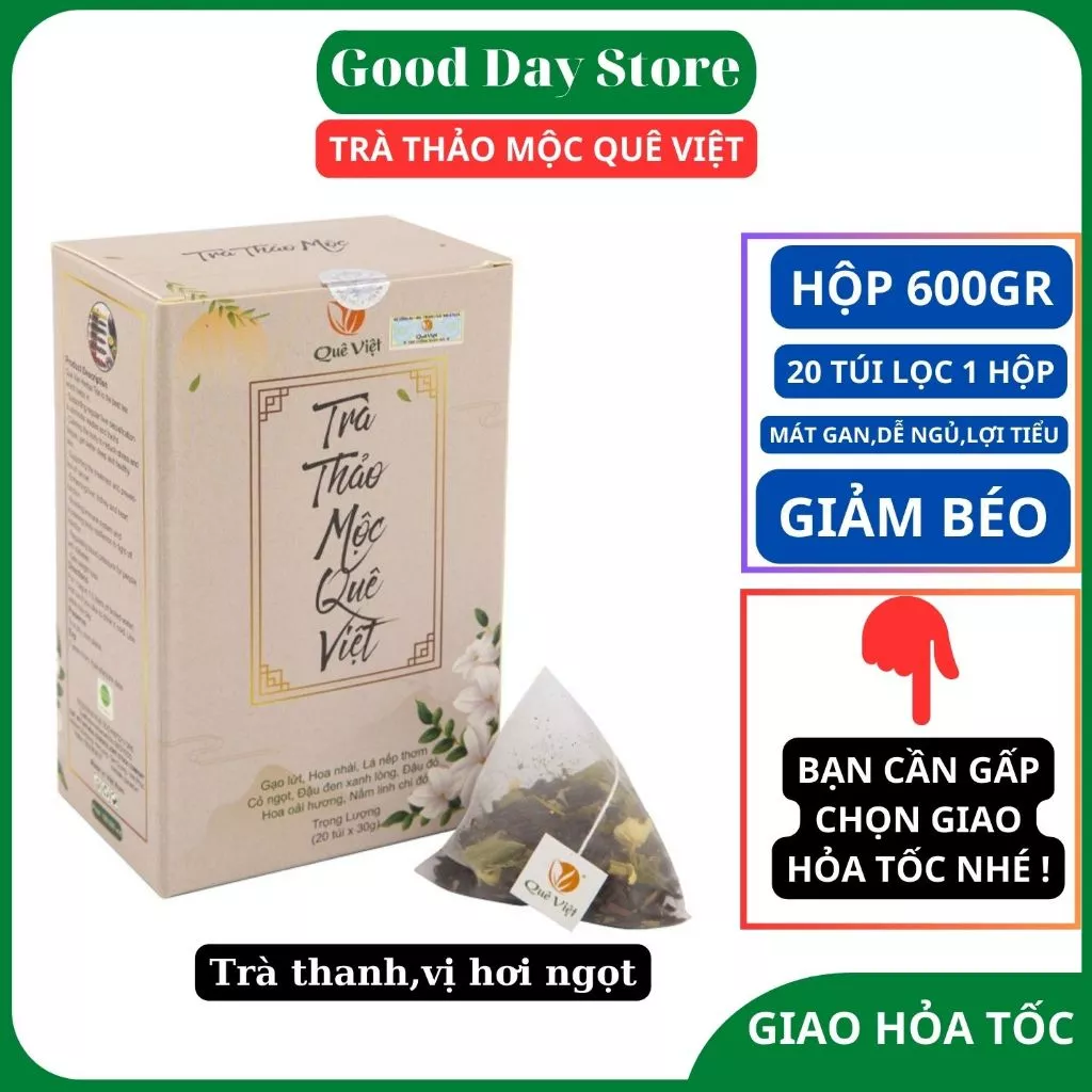 Trà thảo mộc Quê Việt - Mát gan, ngủ ngon, giảm căng thẳng mệt mỏi, nguyên liệu hữu cơ - hộp 600gram gồm 20 túi lọc