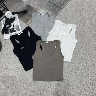 Áo Ba Lỗ Nữ Tăm Gân Cổ U Khuy Ngực Màu Trơn Basic Shara SR730 KT Áo Croptop Thun Tăm Body Sát Nách Sexy Cá Tính