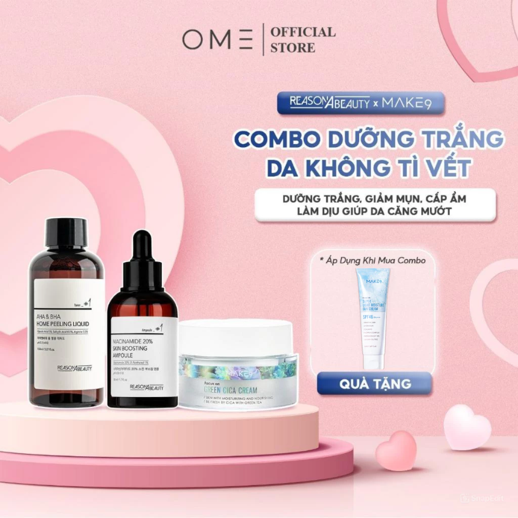 Bộ Combo 3 Sản Phẩm Toner AHA BHA+ Nia 20%+Kem Dưỡng Cica Dưỡng Trắng Giảm Mụn Cấp Ẩm Se Khít Lỗ Chân Lông REASONABEAUTY