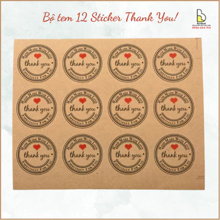 12 Nhãn Dán Thank You, Sticker Thank You Dễ thương Trang Trí Gói Hàng/Quà Giấy Kraft BONBAOBI