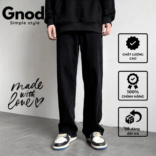 Quần jeans nam ống rộng, vải co giãn đen trơn không phai màu Basic Collection Gnod DT05