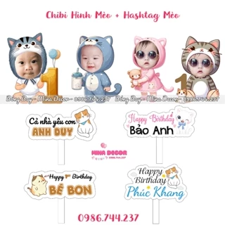 Chibi + Hastag cho bé yêu tuổi Mèo trang trí sinh nhật