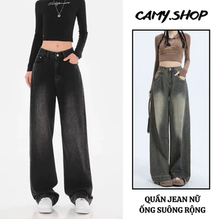 Quần jean ống suông rộng nữ CAMY cạp cao ôm eo màu RETRO, quần bò dáng dài ống suông màu Wash cực hot trend 2024