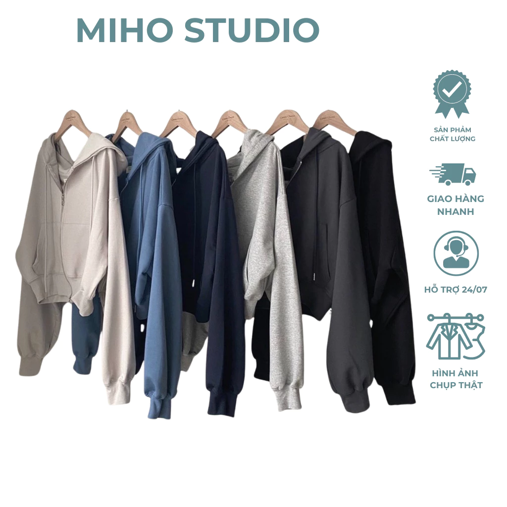 Áo khoác nỉ croptop mũ siêu to, Áo hoodie zip dày dặn dáng rộng siêu xinh Miho Studio