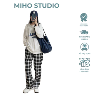 Quần vải kẻ caro ống suông cap chun Miho Studio