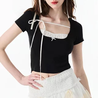 Áo croptop ôm body cổ vuông tay ngắn nhún ngực phối nơ, áo chất thun cotton kiểu dáng mùa hè HITHOUSE | HITSAO072