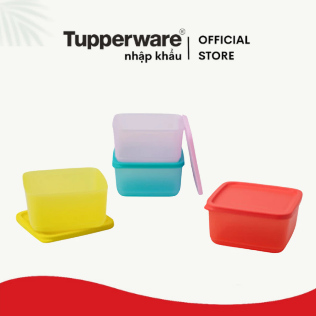 Hộp ngăn mát và đồ khô Tupperware chính hãng Small Square Round 4 Hộp 650ml nhựa nguyên sinh kín mùi tuyệt đối