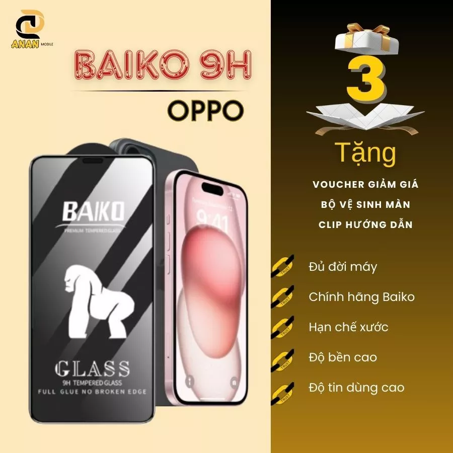 Cường lực Baiko Oppo Reno 8 pro 8z 7 7z 6 6z 5 4 3 2f A17 A17K A16 A16K A15 A15s A54 A55 A57 A77s A76 A95 A96 A94 F11 A9