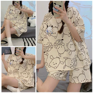 Bộ ngủ nữ pijama cộc tay chất thun cotton hình cún pacha form rộng unisex