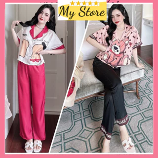 [ SALE] Đồ bộ mặc nhà Pijama tay ngắn quần dài, bộ ngủ dễ thương lụa latin 3D hàng thiết kế mềm mát - Freesize dưới 63kg