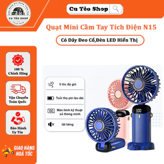 Quạt Mini Cầm Tay Tích Điện N15,Pin Sạc 10.000mAh,5 Tốc Độ Gió, Xoay Linh Hoạt 90 Độ Có Dây Đeo Cổ,Đèn LED Hiển Thị