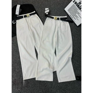 ( HÌNH THẬT )quần jean xuông trắng lưng cao thêu logo dài 105cm