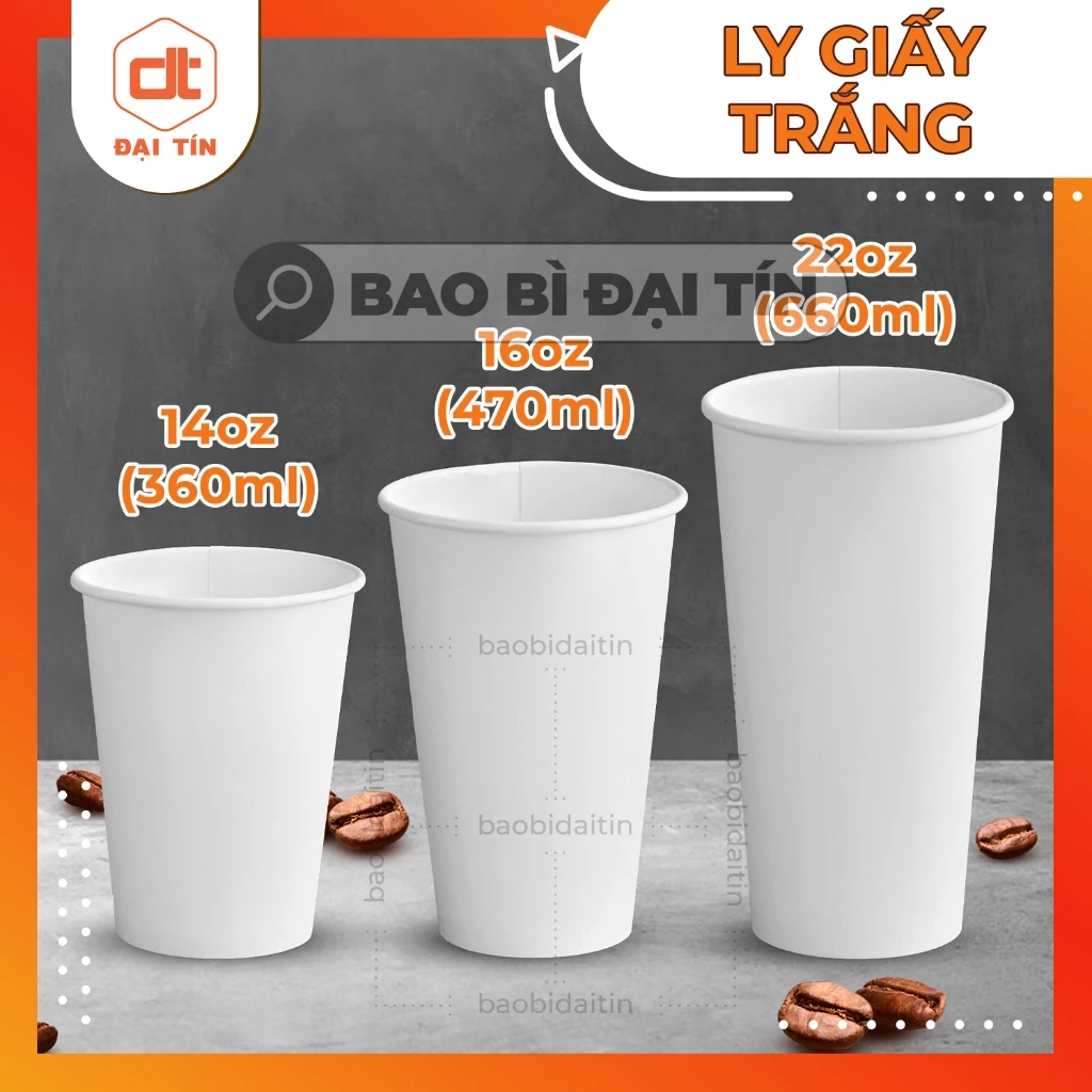 SET 50 Ly/Cốc Giấy Trắng  CAO CẤP 360ml, 470ml, 650ml KÈM NẮP phi 90, ly cafe nóng&lạnh, trà sữa, nước ép...