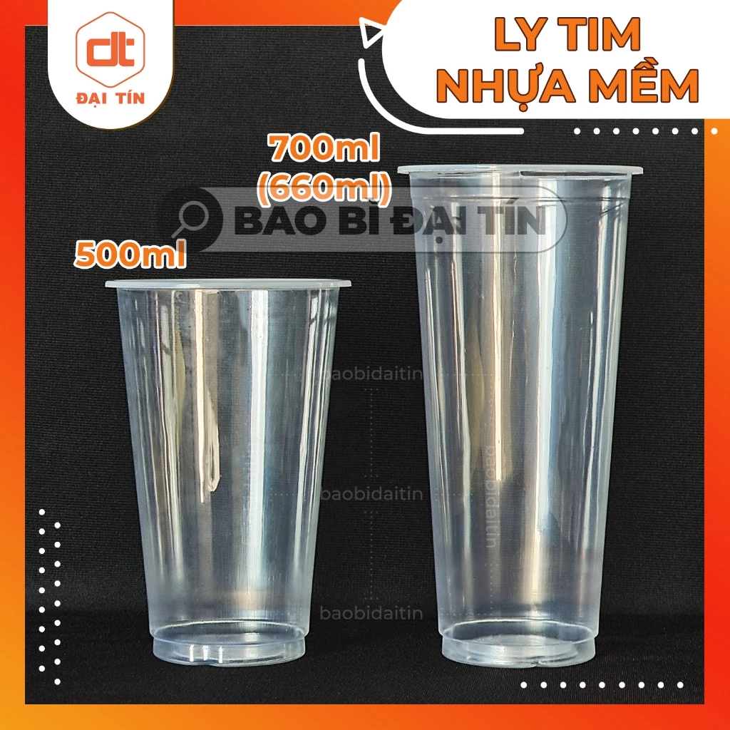 SET 50 Ly Tim Trong Nhựa Mềm 500-700ml, nắp phi 90mm, Ly Cà Phê Trà sữa