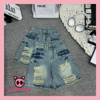 Quần short jean ngố nữ,quần bò lửng chất denim cotton rách bụi lưng cao Gianghoangshop