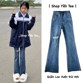 Quần jeans ống loe xước đùi Yến Tee, Quần jeans nữ, quần jeans rách cá tính