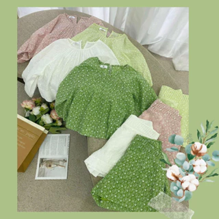 Set áo babydoll cổ tròn tay dài phối quần short chất liệu cotton thêu – Nana