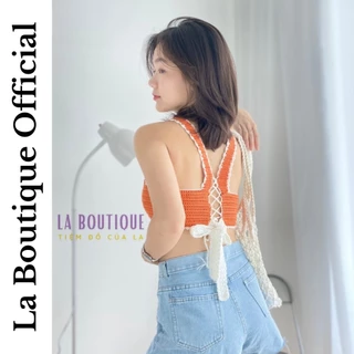 Áo len Crochet croptop 2 dây bản to La Boutique hở lưng cột dây đan/móc thủ công 100%