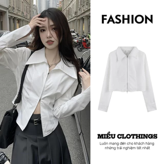 Áo Sơ Mi Mữ Trắng Dáng Croptop Khóa Kéo Basic Phong Cách Hàn Quốc MIỀU CLOTHINGS