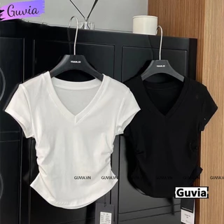 Áo Croptop Nữ Tay Ngắn CỔ TIM NHÚN EO VẠT BẦU Ôm Body, Áo Thun Croptop Kiểu Sexy Thun Gân GUVIA CR191