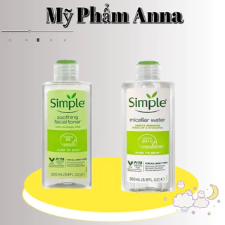 Combo SIMPLE Nước Tẩy Trang Micellar 200ml + Nước Cân Bằng Da Dịu Nhẹ Soothing Facial Toner 200ml - ANNA COSMETICS