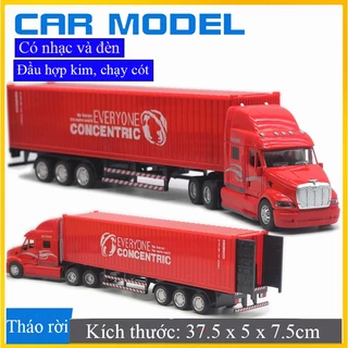 Đồ chơi xe đầu kéo container chở cont 40feed bằng hợp kim có nhạc và đèn, chạy cót, tỷ lệ 1:48 mở được lắp container