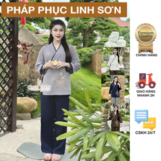 SEN AN - Bộ pháp phục thêu hoa Sen + chữ An tinh tế, ý nghĩa, chất vải đũi Thái mềm mại, tôn dáng - Pháp phục Linh Sơn