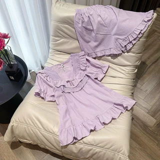 BN263_Bộ ngủ, pijama nữ ngắn tay màu tím phối ren bèo phong cách dễ thương | Hàng quảng châu cao cấp