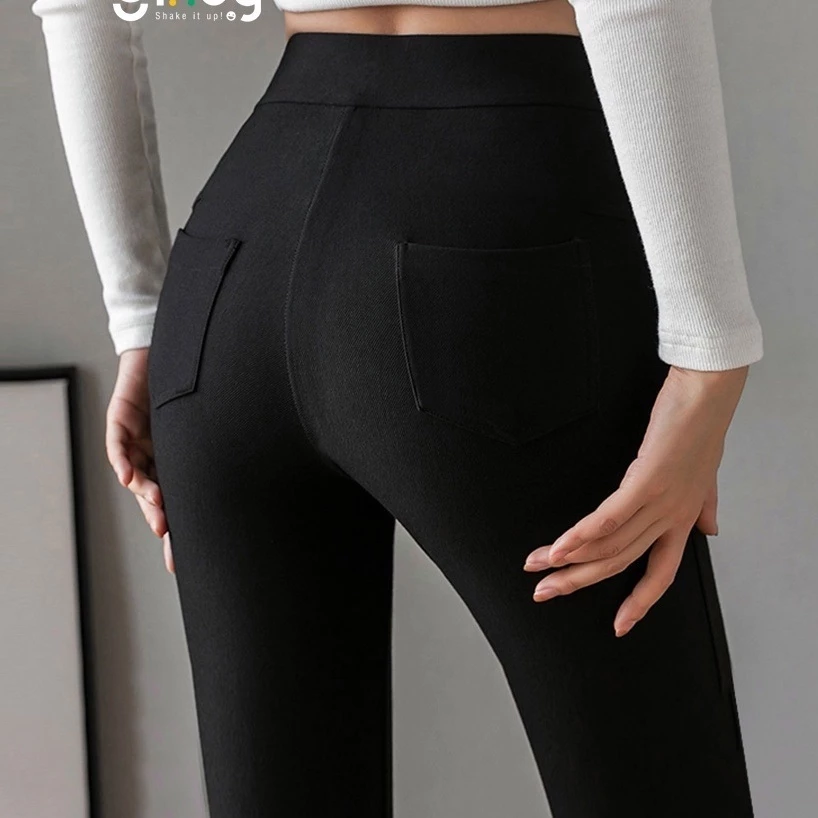 Quần Legging nữ dài cạp cao ôm dáng có túi vải cotton dày dặn màu đen bigsize Quần Legging đen Hàn Nâng Mông Gen Bụng