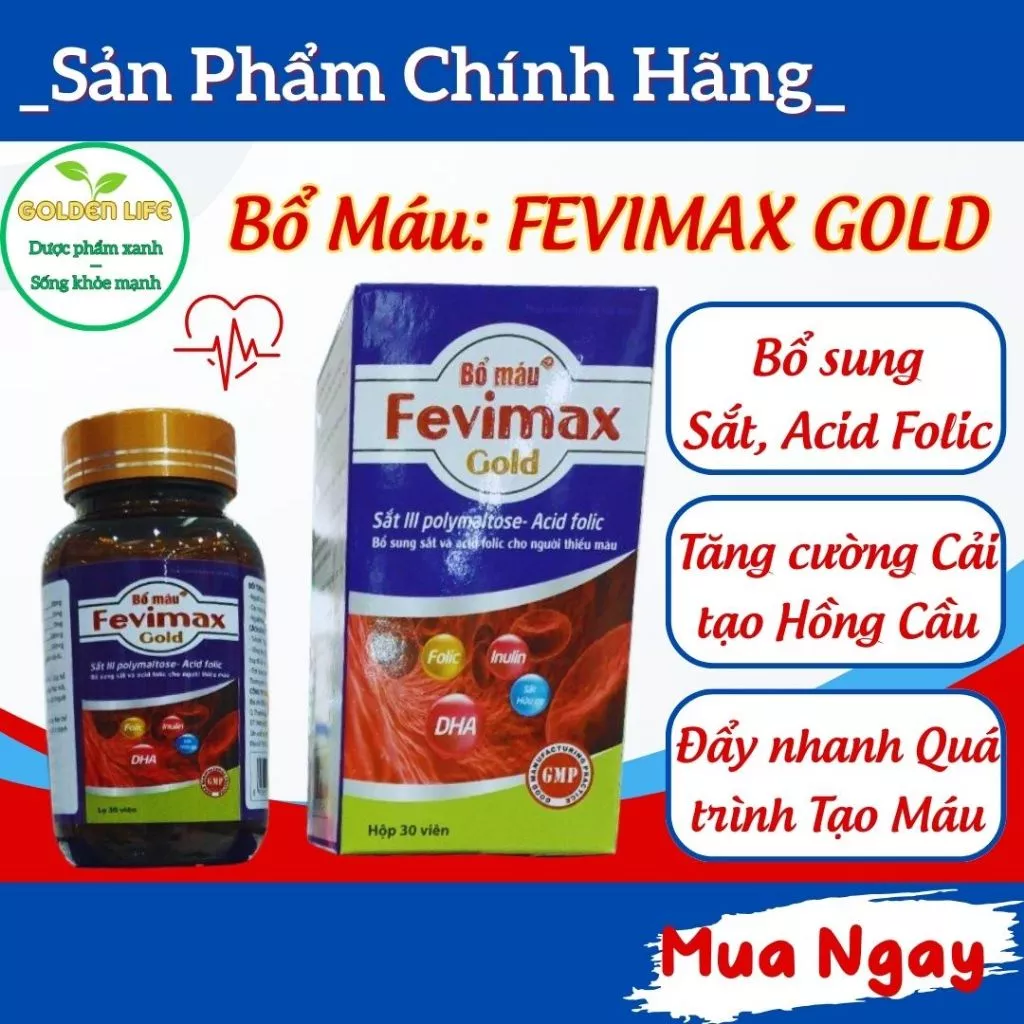 Bổ máu FEVIMAX GOLD Bổ sung Sắt, Acid Folic cho Người thiếu máu, Mẹ Bầu, Phụ nữ Mang thai và Sau Sinh  – Hộp 30 viên