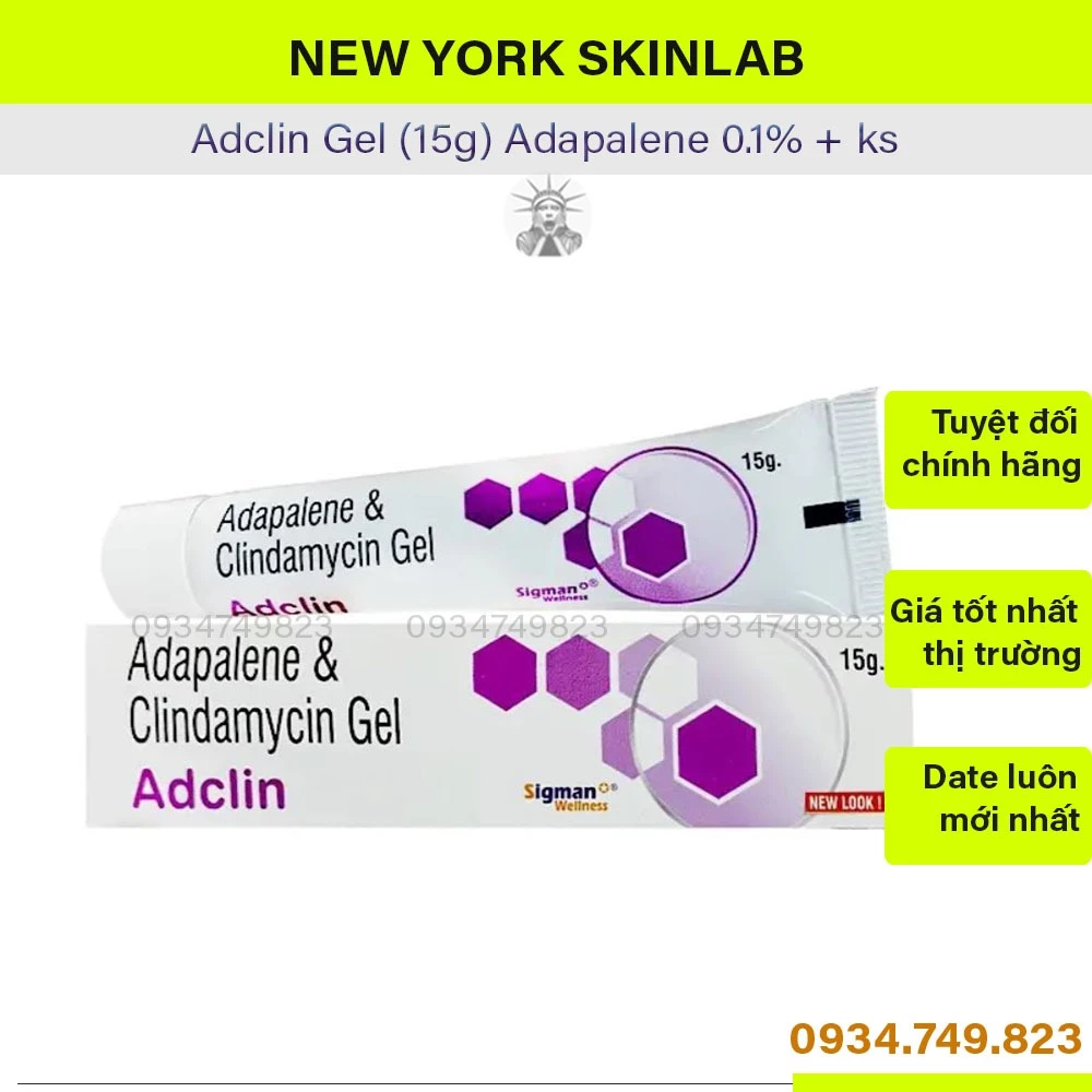 Adclin gel (15g) Kem dưỡng ẩm adapalene 0.1% + ks clinda, adapalen 0,1 cho da dầu mụn, kiềm dầu, giảm mụn Newyork skinla