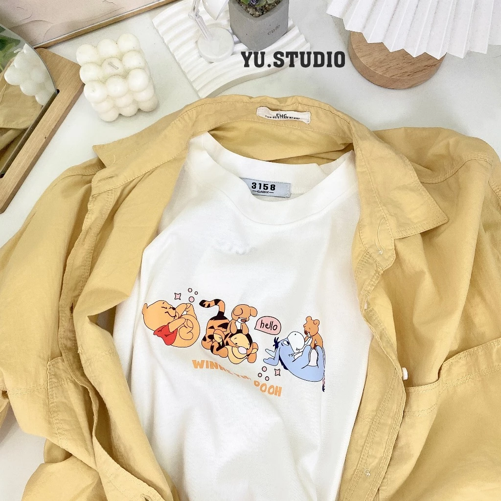 Áo thun YUSTUDIO, áo 3158 form rộng chất cotton khô mẫu Hello Winne The Pooh