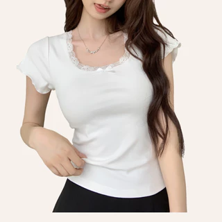 Áo croptop ngắn tay cổ U viền ren đính nơ dễ thương phong cách tiểu thư, áo kiểu nữ ôm body tôn dáng phối đồ basic-A191