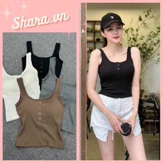 Áo Ba Lỗ Đệm Ngực Body Dáng Ngắn Khuy Ngực Shara SR887 KT Áo Thun Croptop Cổ U Sát Nách Màu Trơn Basic Sexy Cá Tính