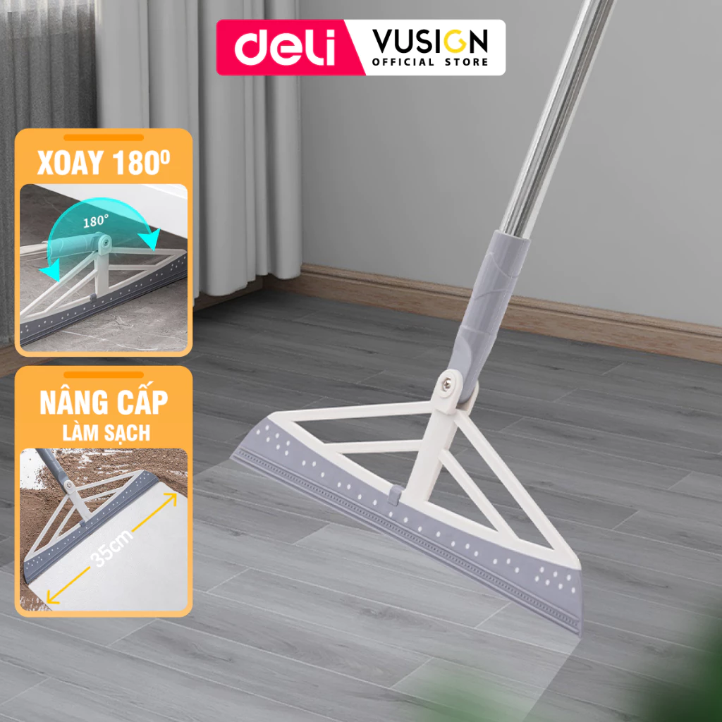 Cây gạt nước sàn nhà, chổi gạt nước nhà tắm Deli Đầu Silicon Xoay 180 độ, Cán Inox