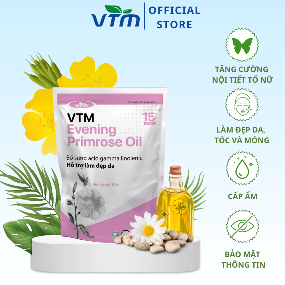 Viên uống tinh dầu hoa anh thảo VTM Evening Primrose Oil, hỗ trợ cân bằng nội tiết tố, làm đẹp da, tóc, móng