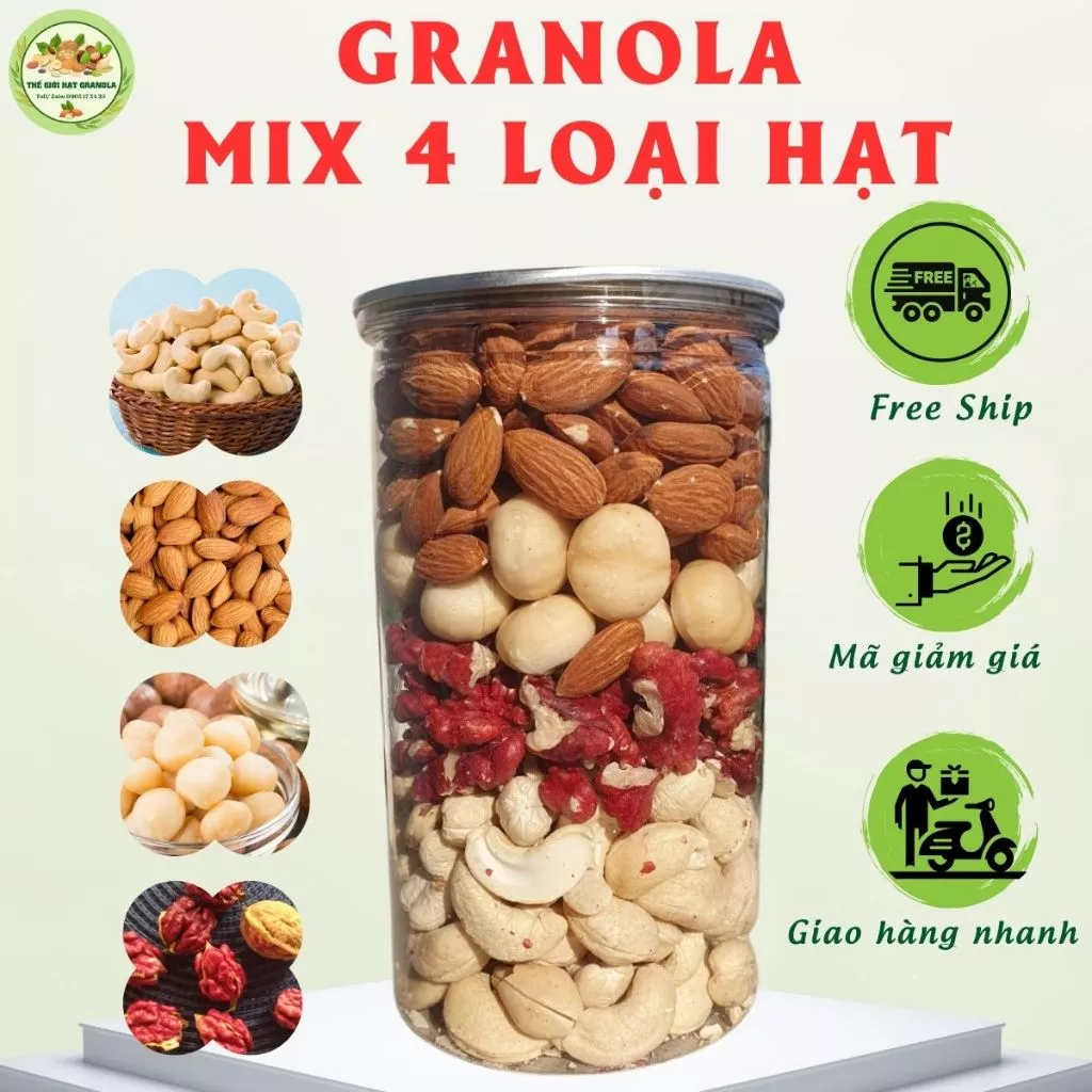 Granola Mix 4 Loại Hạt Sấy Nguyên Vị  [Hạt Điều, Hạnh nhân, Macca, Óc chó đỏ] Hạt dinh dưỡng ăn kiêng, giảm cân