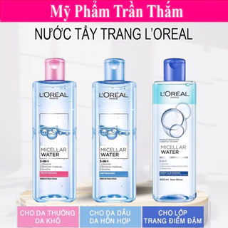 Nước tẩy trang L'Oreal Paris 3-in-1 Micellar Water 400ml, Nước tẩy trang cho mọi loại da, dịu nhẹ, se khít lỗ chân lông