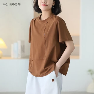 Áo T-shirt ngắn tay KAMAKA cổ tròn kiểu đính khuy lệch - NU10379