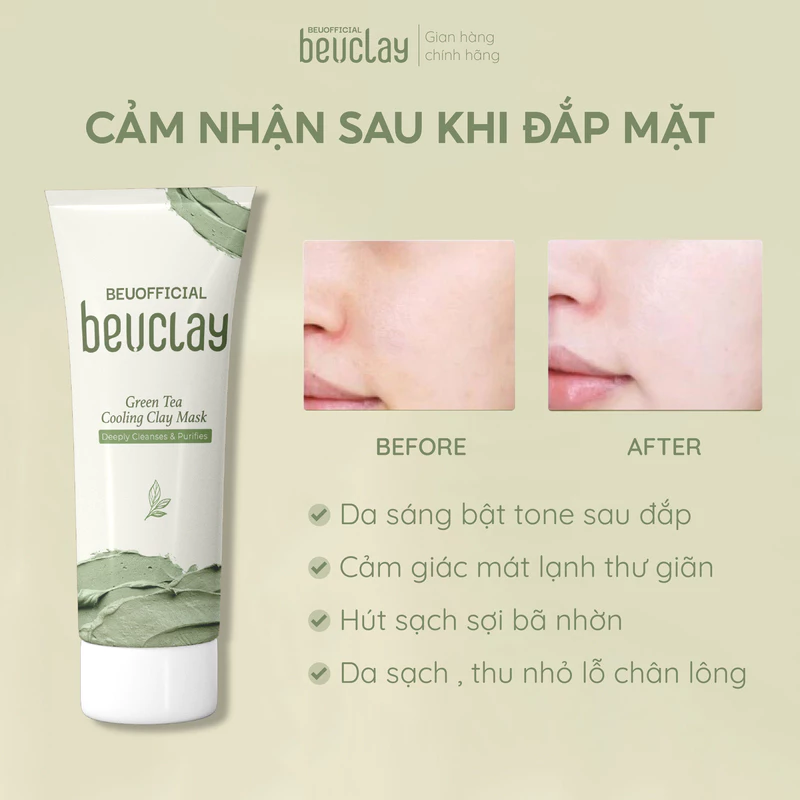 Mặt nạ đất sét BEUCLAY trà xanh sáng da, se khít lỗ chân lông, kiểm soát dầu, ngăn ngừa mụn cám, mụn đầu đen