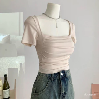 Áo Croptop Cổ Vuông Nhún Ngực, Áo Croptop Cộc Tay Ôm Body Sexy