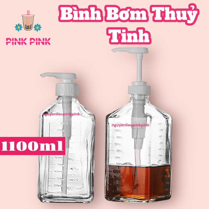 Bình bơm đường/siro thủy tinh có pump 1100ml cao cấp, loại tốt Từ Pink Pink Nguyên Liệu & Dụng cụ Pha Chế Đồ Uống
