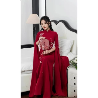 Áo dài dâu màu đỏ tay dài xẻ cao cấp , dành cho các cô dâu điệu đà , THẢO NY BRIDAL mã AD39
