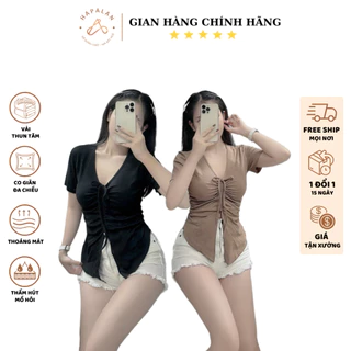 Áo Cổ Tim Rút Dây Tay Ngắn Form Ôm Áo Thời Trang Nữ Ôm Body Thun Tăm Không Xù Bigsize 45-85kg XM Hapalan ÁO NGẮN RÚT DÂY