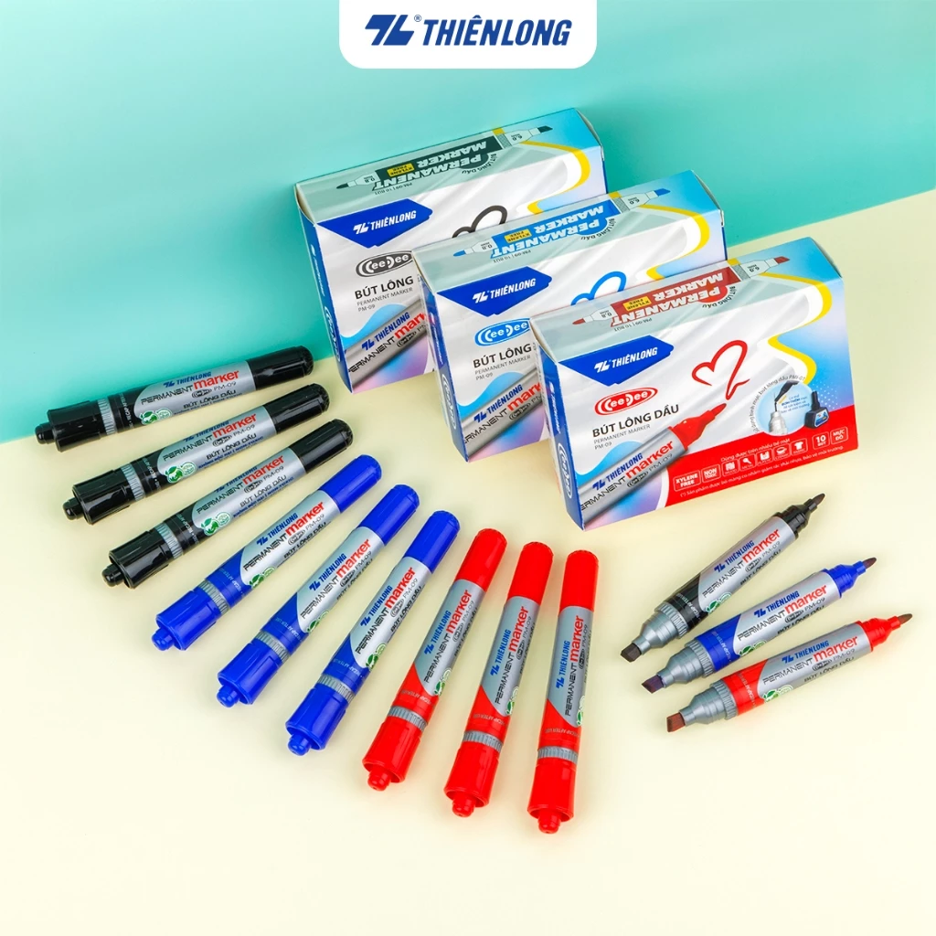 Combo 5/10/20 Bút lông dầu 2 đầu bút Thiên Long PM-09, mực đạt tiêu chuẩn Châu Âu, bám dính tốt trên nhiều vật liệu